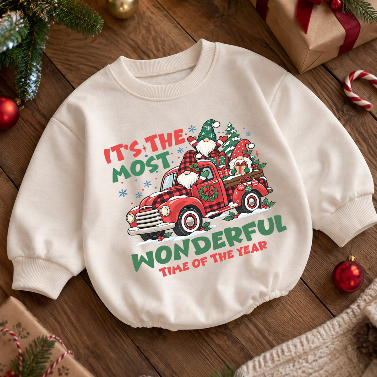 Most Wonderful Time Christmas Romper, Gnome Red Truck Baby Outfit, 1st Birthday Holiday Gift, Baby 1st Christmas Keepsake — product view 5