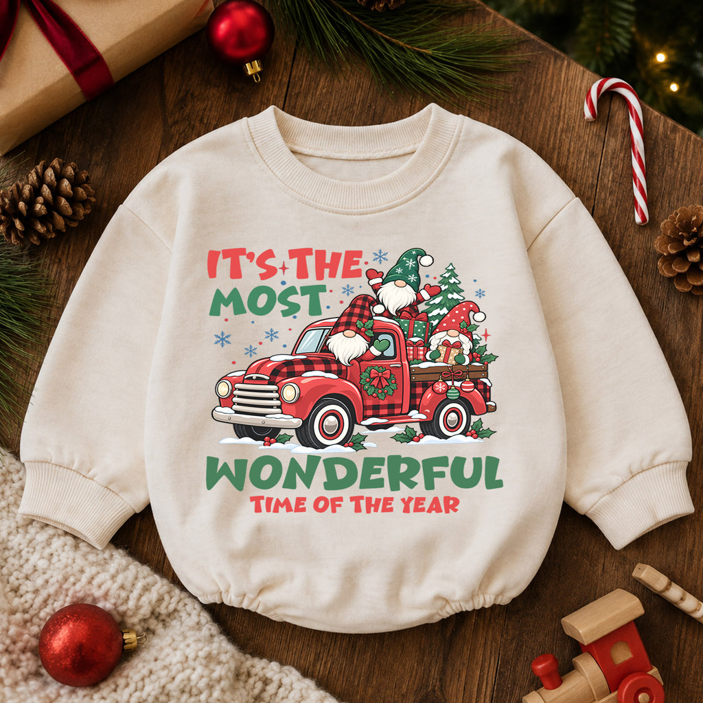 Most Wonderful Time Christmas Romper, Gnome Red Truck Baby Outfit, 1st Birthday Holiday Gift, Baby 1st Christmas Keepsake — product view 6