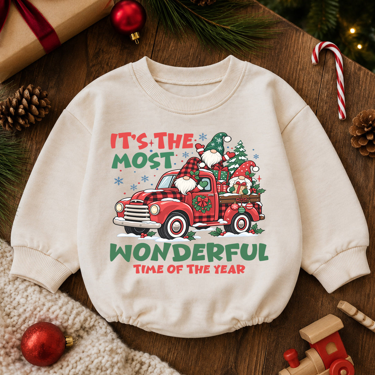 Most Wonderful Time Christmas Romper, Gnome Red Truck Baby Outfit, 1st Birthday Holiday Gift, Baby 1st Christmas Keepsake — product view 6
