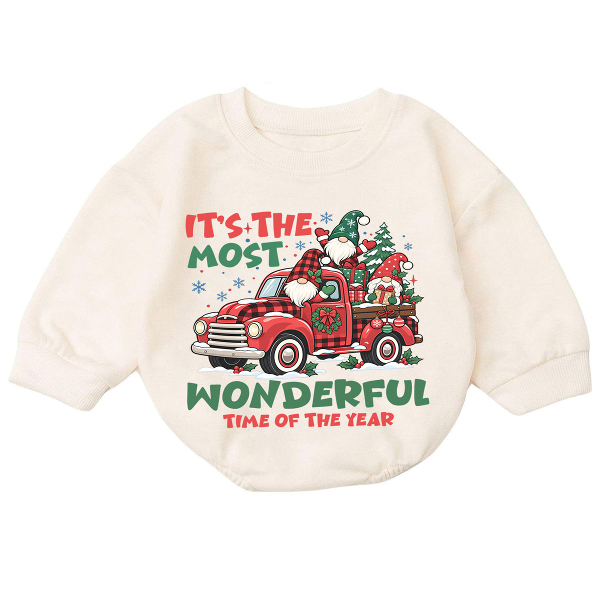 Most Wonderful Time Christmas Romper, Gnome Red Truck Baby Outfit, 1st Birthday Holiday Gift, Baby 1st Christmas Keepsake — product view 7