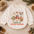 Just a Jolly Goose Baby Romper, Christmas Goose Trio Holiday Outfit, Funny Toddler Romper, Cute 1st Christmas Gift — product view 1