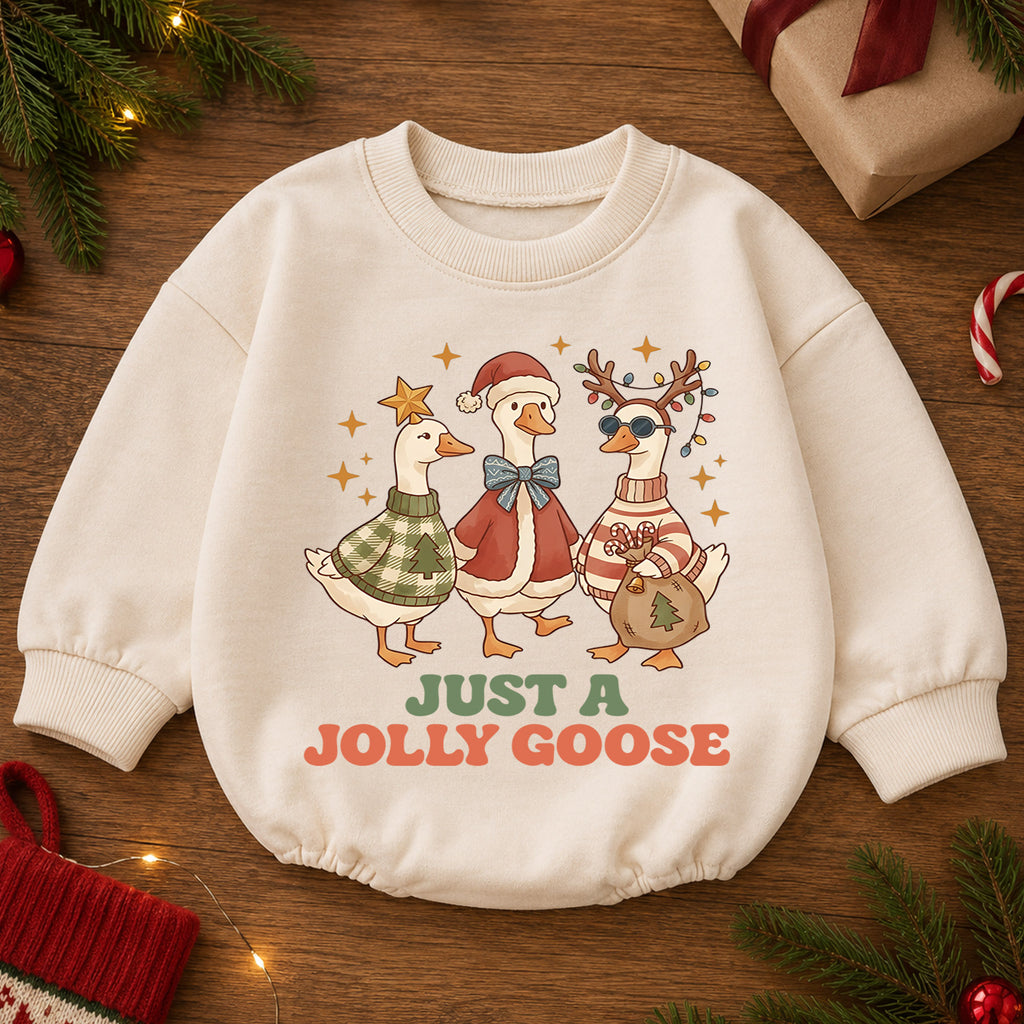 Just a Jolly Goose Baby Romper, Christmas Goose Trio Holiday Outfit, Funny Toddler Romper, Cute 1st Christmas Gift — product view 2