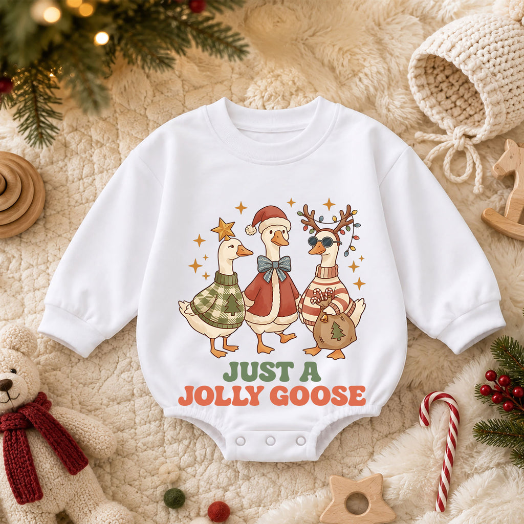 Just a Jolly Goose Baby Romper, Christmas Goose Trio Holiday Outfit, Funny Toddler Romper, Cute 1st Christmas Gift — product view 3