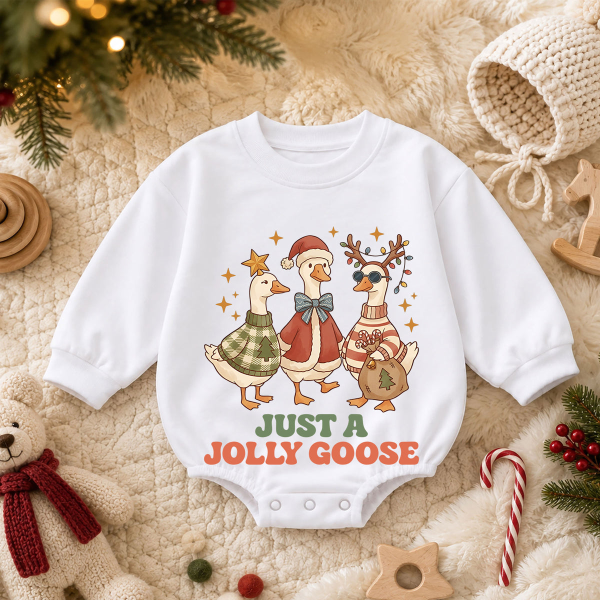 Just a Jolly Goose Baby Romper, Christmas Goose Trio Holiday Outfit, Funny Toddler Romper, Cute 1st Christmas Gift — product view 3
