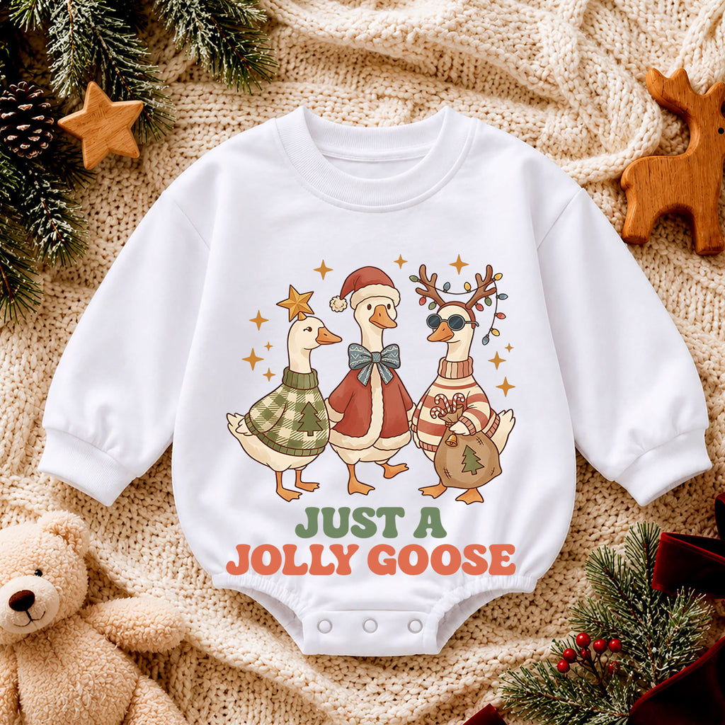 Just a Jolly Goose Baby Romper, Christmas Goose Trio Holiday Outfit, Funny Toddler Romper, Cute 1st Christmas Gift — product view 4