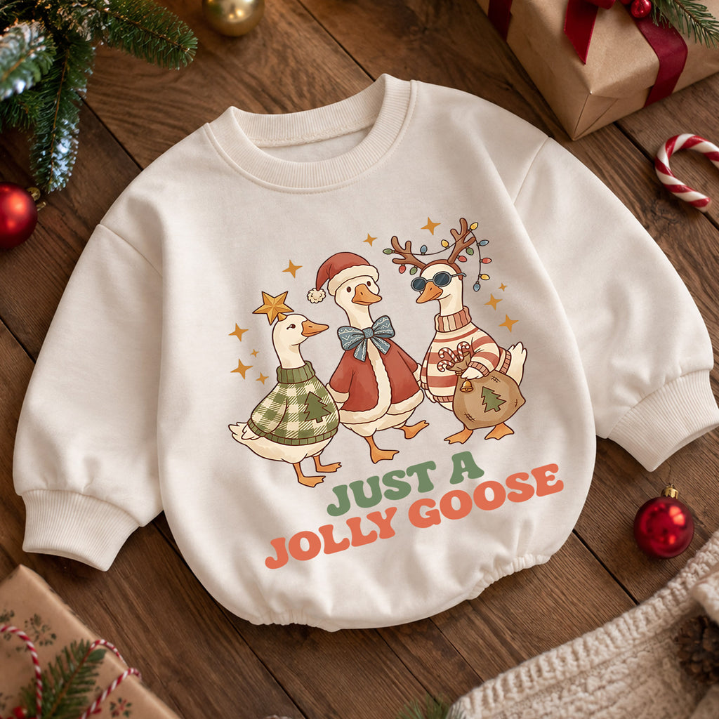 Just a Jolly Goose Baby Romper, Christmas Goose Trio Holiday Outfit, Funny Toddler Romper, Cute 1st Christmas Gift — product view 5