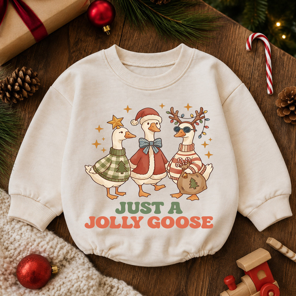 Just a Jolly Goose Baby Romper, Christmas Goose Trio Holiday Outfit, Funny Toddler Romper, Cute 1st Christmas Gift — product view 6