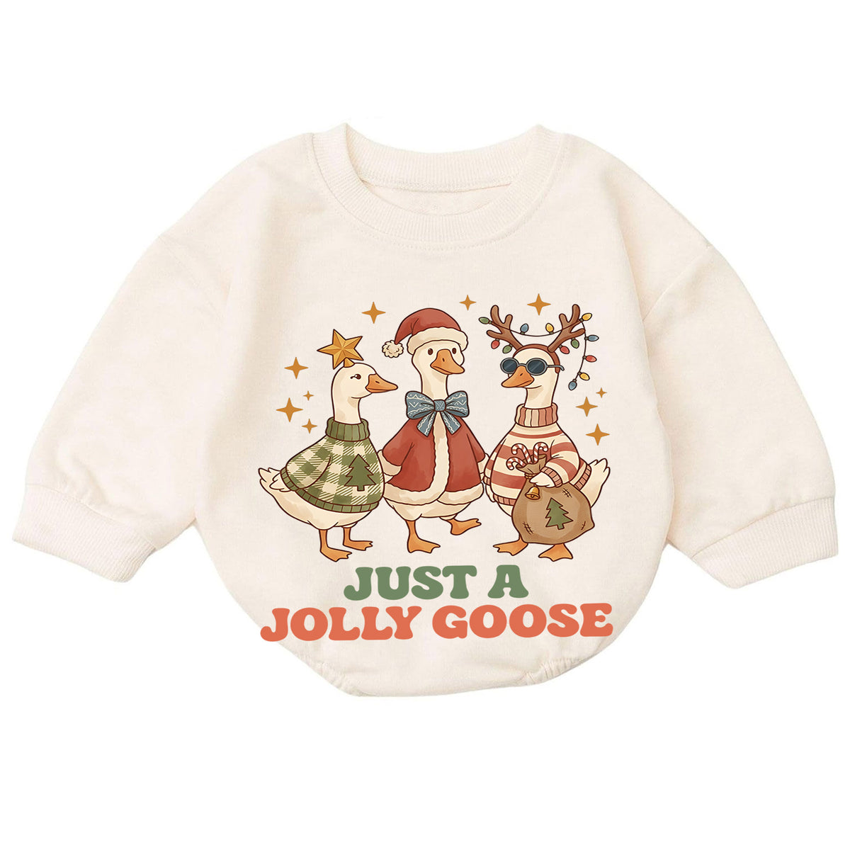 Just a Jolly Goose Baby Romper, Christmas Goose Trio Holiday Outfit, Funny Toddler Romper, Cute 1st Christmas Gift — product view 7