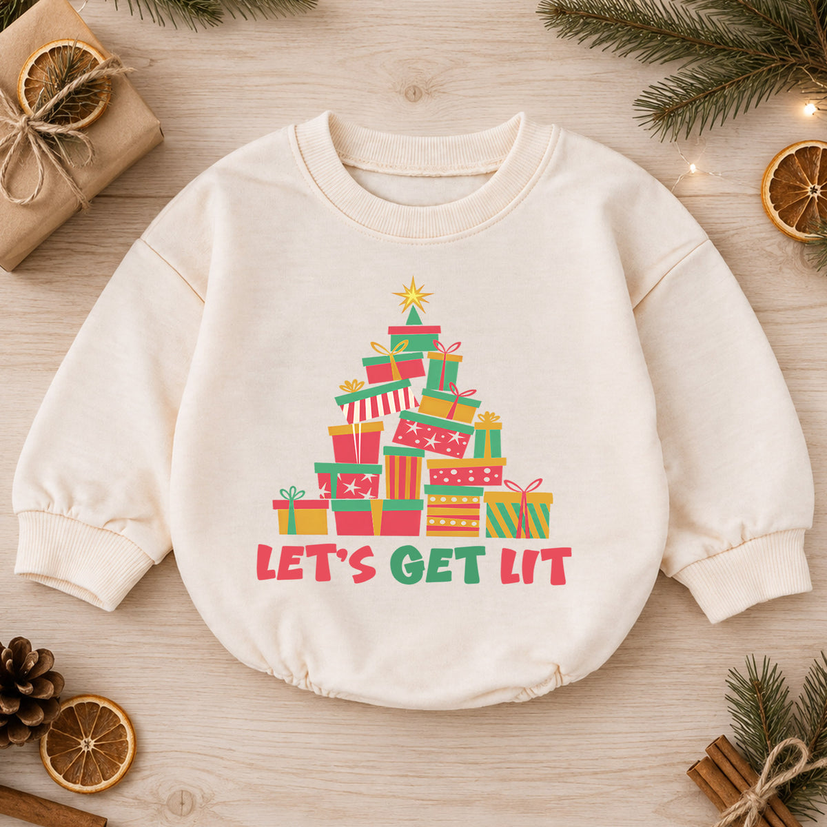 Let's Get Lit Christmas Romper, Colorful Present Tree Baby Outfit, 1st Christmas Keepsake, 1st Birthday Holiday Gift for Little Baby — product view 1