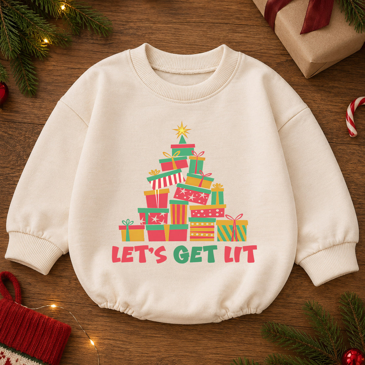 Let's Get Lit Christmas Romper, Colorful Present Tree Baby Outfit, 1st Christmas Keepsake, 1st Birthday Holiday Gift for Little Baby — product view 2