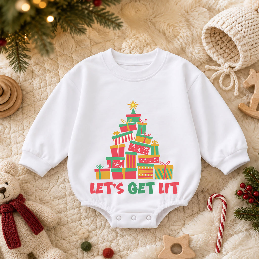 Let's Get Lit Christmas Romper, Colorful Present Tree Baby Outfit, 1st Christmas Keepsake, 1st Birthday Holiday Gift for Little Baby — product view 3