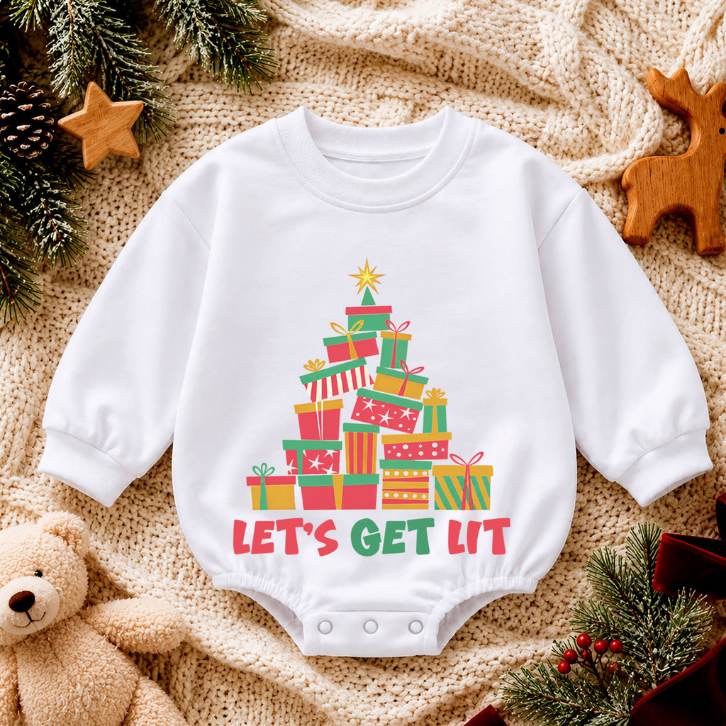 Let's Get Lit Christmas Romper, Colorful Present Tree Baby Outfit, 1st Christmas Keepsake, 1st Birthday Holiday Gift for Little Baby — product view 4