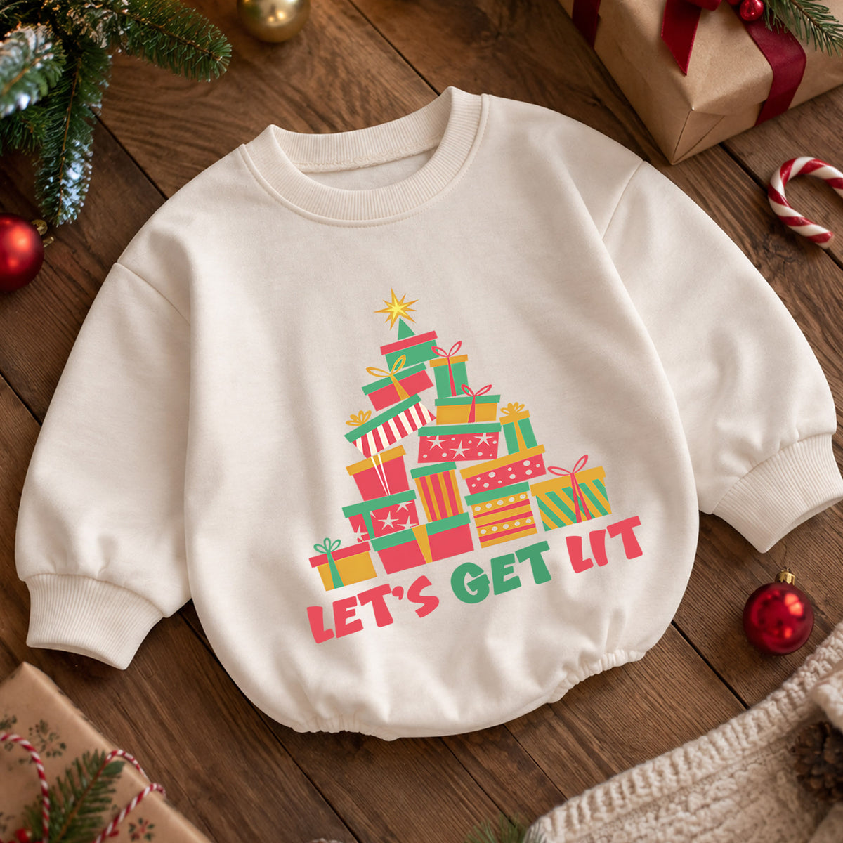 Let's Get Lit Christmas Romper, Colorful Present Tree Baby Outfit, 1st Christmas Keepsake, 1st Birthday Holiday Gift for Little Baby — product view 5