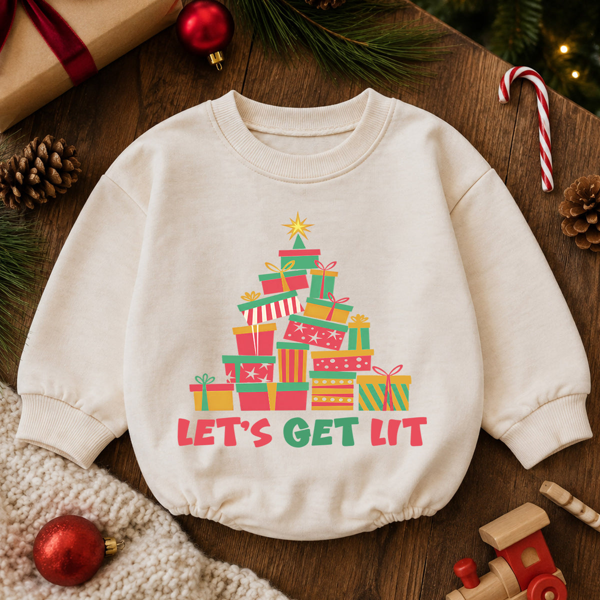 Let's Get Lit Christmas Romper, Colorful Present Tree Baby Outfit, 1st Christmas Keepsake, 1st Birthday Holiday Gift for Little Baby — product view 6