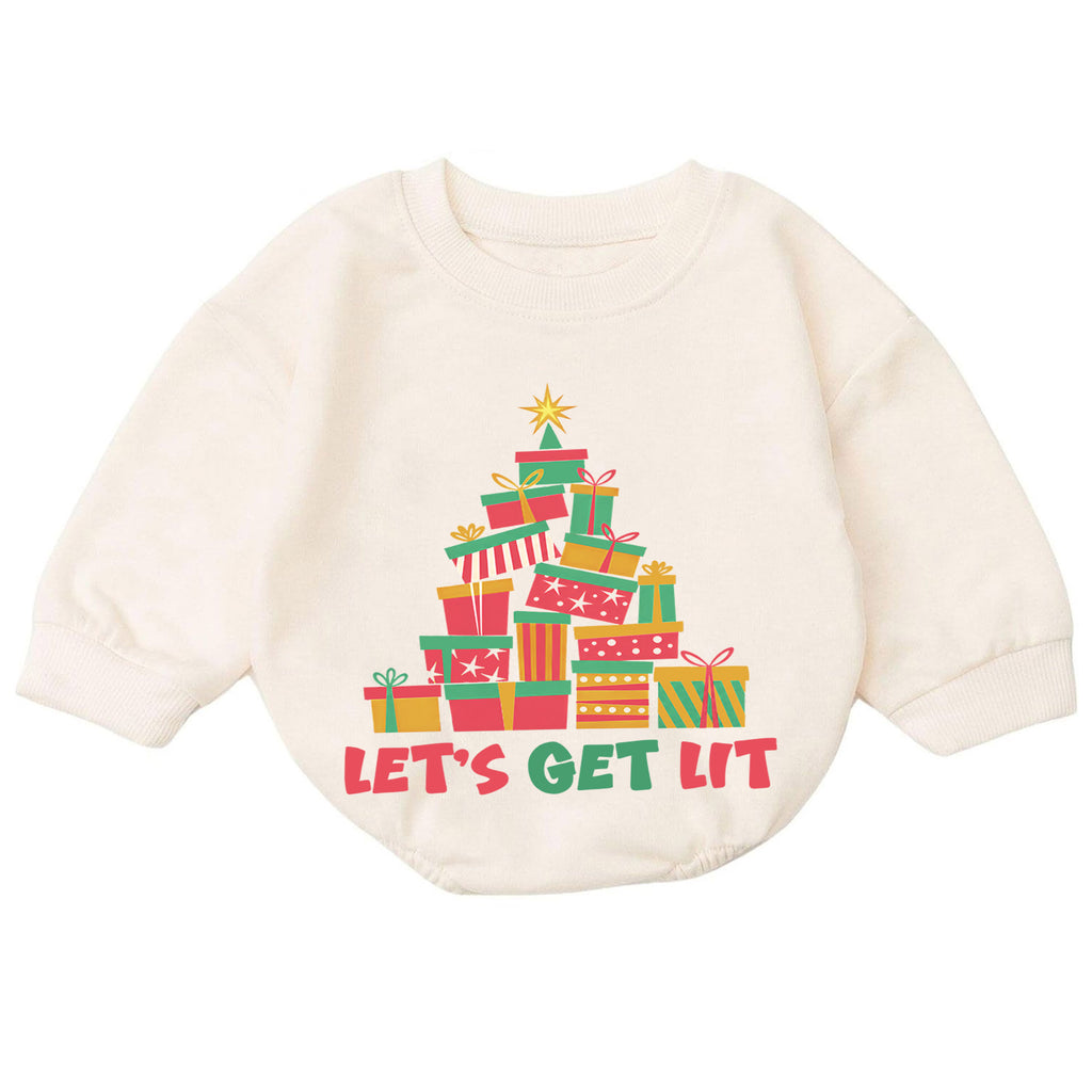 Let's Get Lit Christmas Romper, Colorful Present Tree Baby Outfit, 1st Christmas Keepsake, 1st Birthday Holiday Gift for Little Baby — product view 7