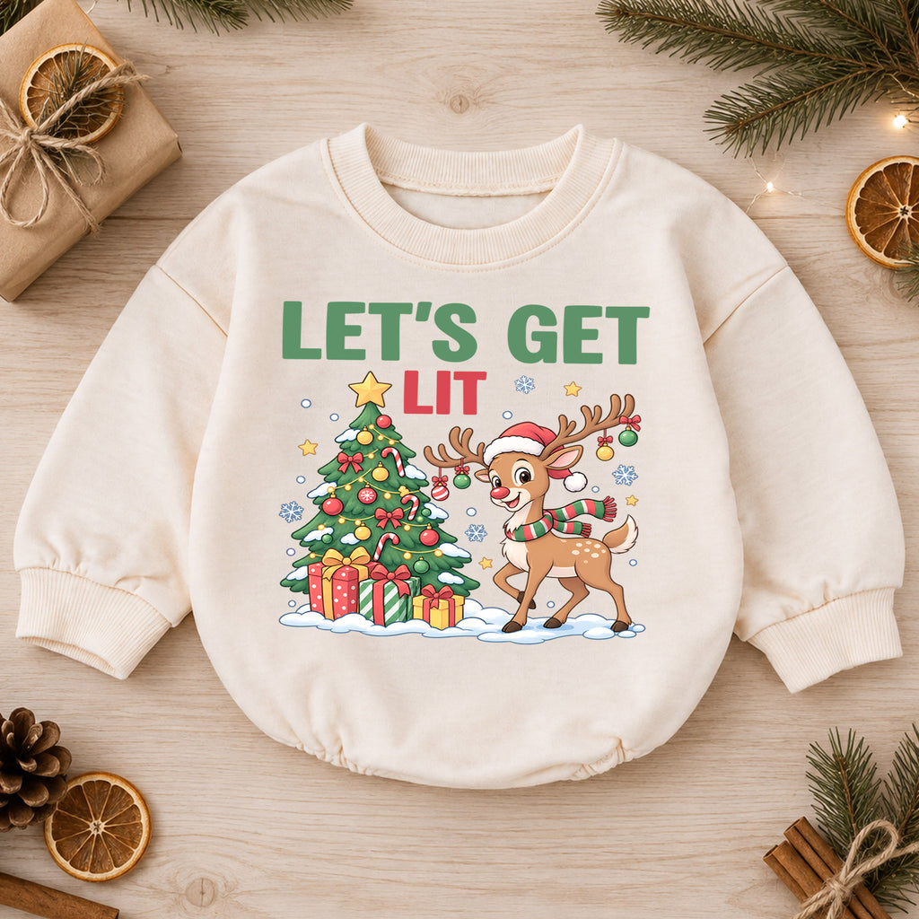 Let's Get Lit Reindeer Romper, Christmas Tree Baby Holiday Outfit, 1st Birthday Xmas Gift, Baby 1st Christmas Keepsake — product view 1