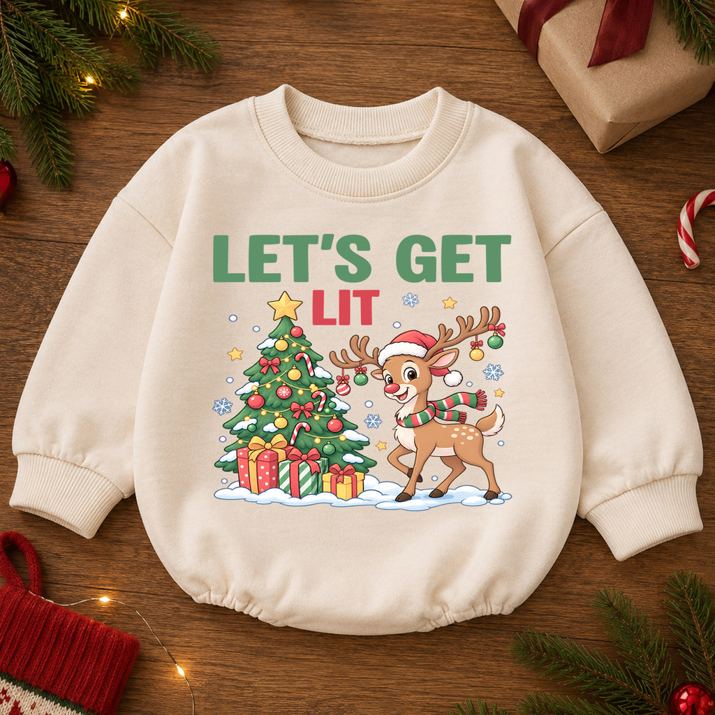 Let's Get Lit Reindeer Romper, Christmas Tree Baby Holiday Outfit, 1st Birthday Xmas Gift, Baby 1st Christmas Keepsake — product view 2