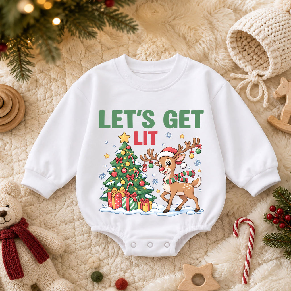 Let's Get Lit Reindeer Romper, Christmas Tree Baby Holiday Outfit, 1st Birthday Xmas Gift, Baby 1st Christmas Keepsake — product view 3