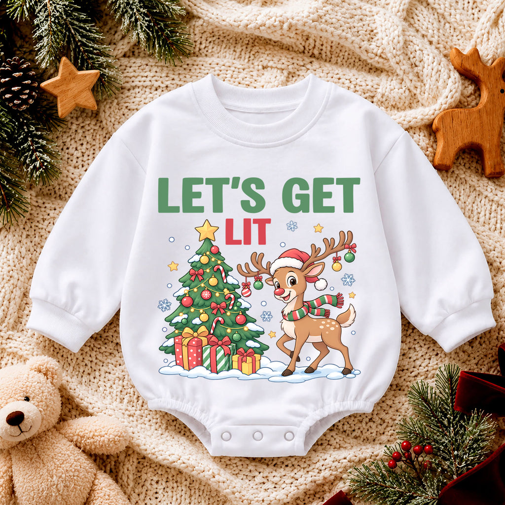 Let's Get Lit Reindeer Romper, Christmas Tree Baby Holiday Outfit, 1st Birthday Xmas Gift, Baby 1st Christmas Keepsake — product view 4