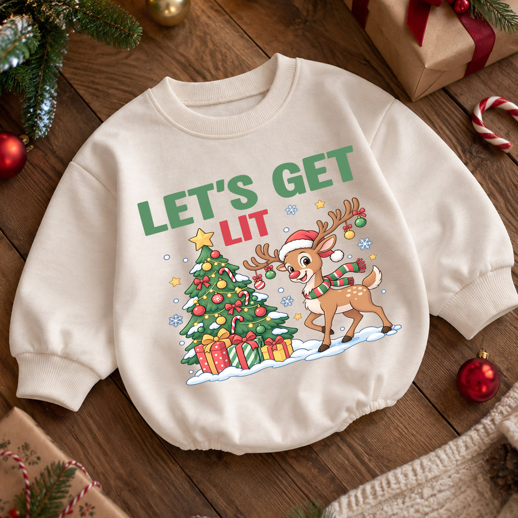 Let's Get Lit Reindeer Romper, Christmas Tree Baby Holiday Outfit, 1st Birthday Xmas Gift, Baby 1st Christmas Keepsake — product view 5