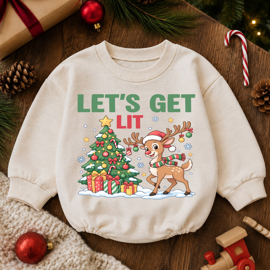 Let's Get Lit Reindeer Romper, Christmas Tree Baby Holiday Outfit, 1st Birthday Xmas Gift, Baby 1st Christmas Keepsake — product view 6