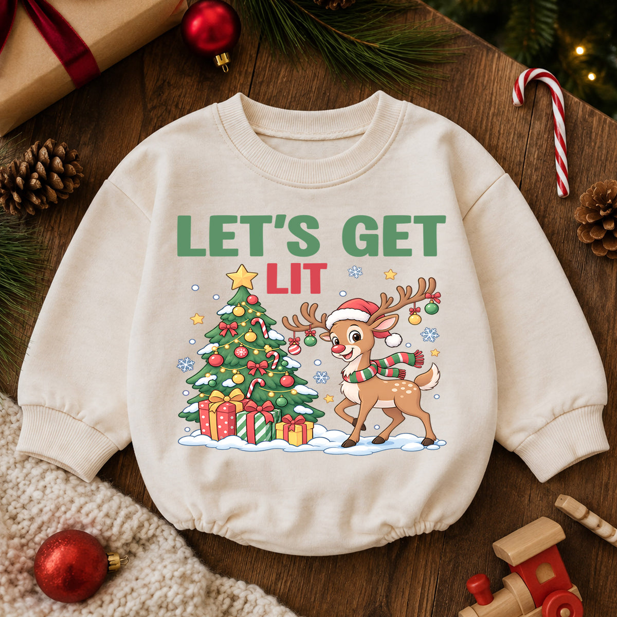 Let's Get Lit Reindeer Romper, Christmas Tree Baby Holiday Outfit, 1st Birthday Xmas Gift, Baby 1st Christmas Keepsake — product view 6