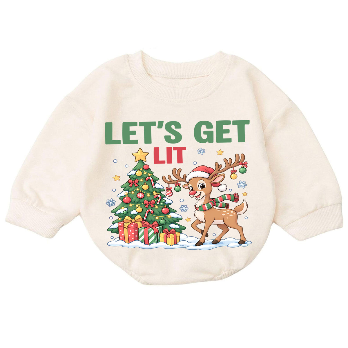 Let's Get Lit Reindeer Romper, Christmas Tree Baby Holiday Outfit, 1st Birthday Xmas Gift, Baby 1st Christmas Keepsake — product view 7