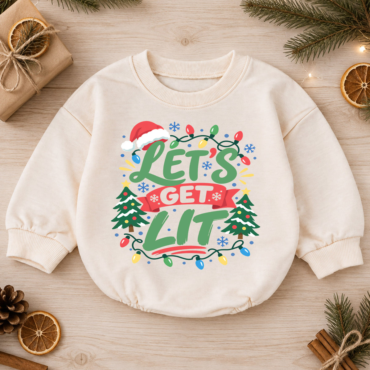 Let's Get Lit Christmas Baby Romper, Funny Christmas Lights Outfit, Toddler Holiday Romper, Cute 1st Christmas Gift — product view 1