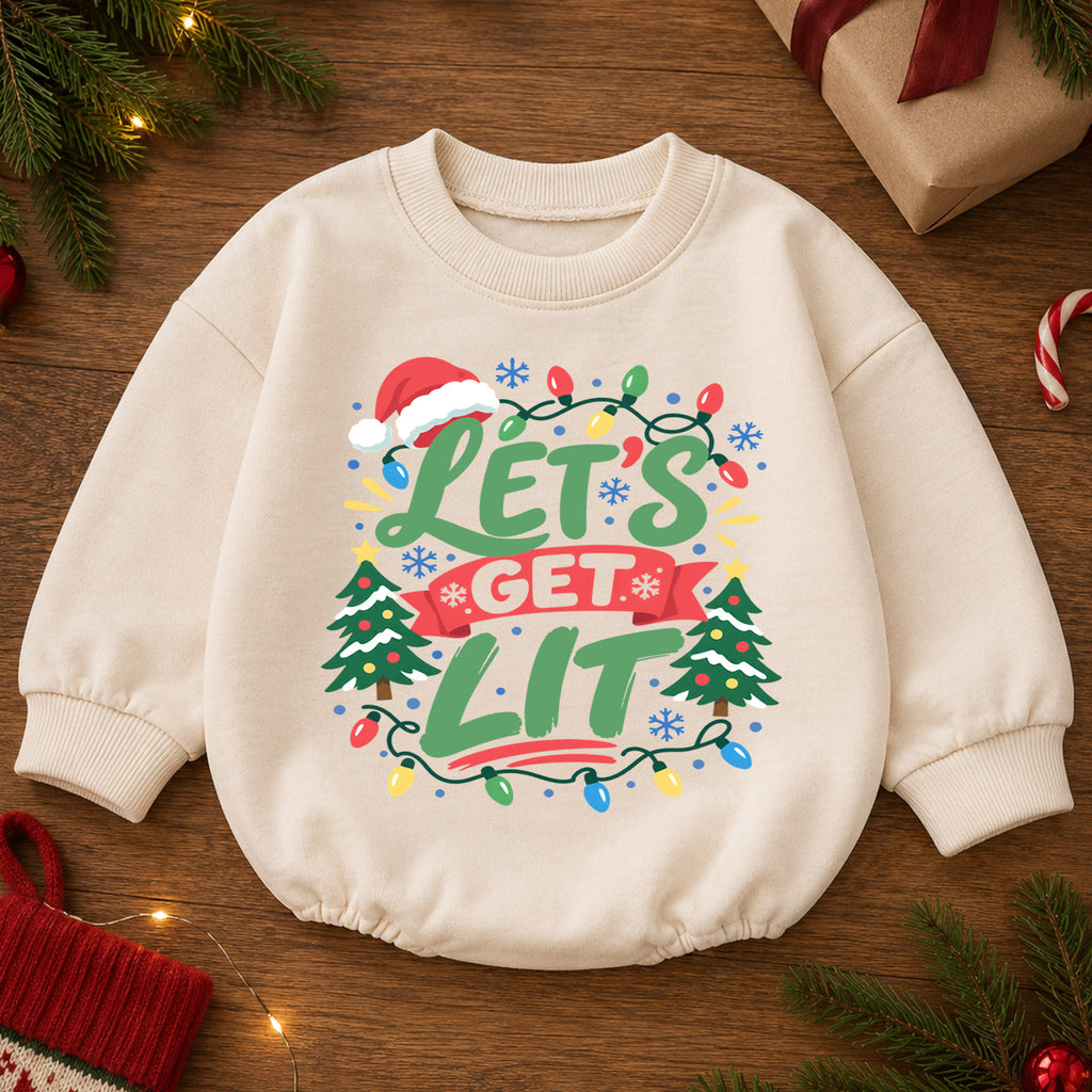 Let's Get Lit Christmas Baby Romper, Funny Christmas Lights Outfit, Toddler Holiday Romper, Cute 1st Christmas Gift — product view 2