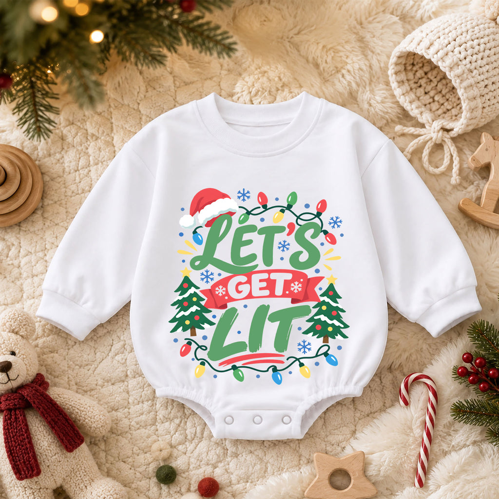 Let's Get Lit Christmas Baby Romper, Funny Christmas Lights Outfit, Toddler Holiday Romper, Cute 1st Christmas Gift — product view 3