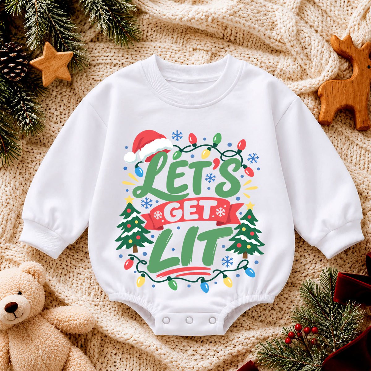 Let's Get Lit Christmas Baby Romper, Funny Christmas Lights Outfit, Toddler Holiday Romper, Cute 1st Christmas Gift — product view 4