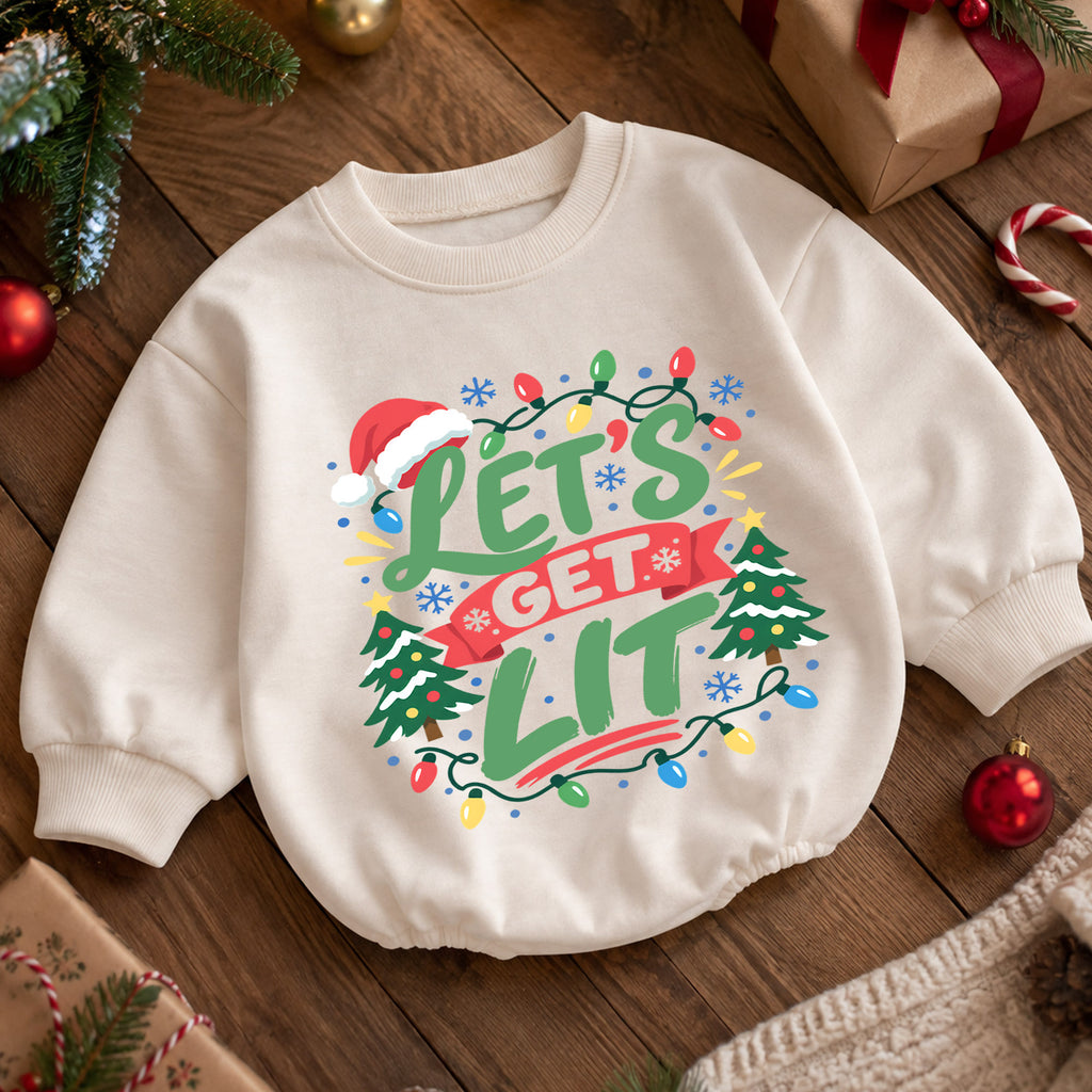 Let's Get Lit Christmas Baby Romper, Funny Christmas Lights Outfit, Toddler Holiday Romper, Cute 1st Christmas Gift — product view 5