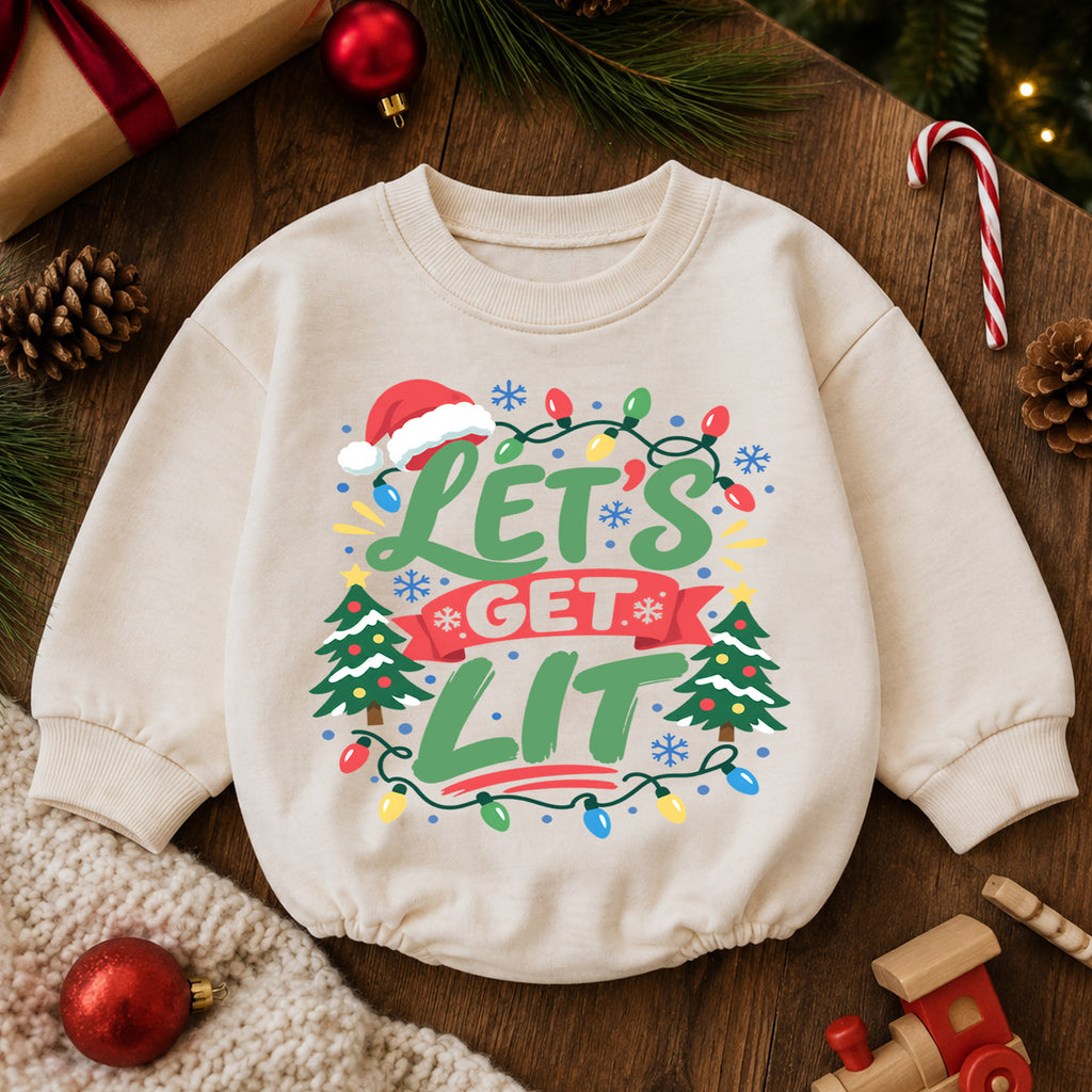 Let's Get Lit Christmas Baby Romper, Funny Christmas Lights Outfit, Toddler Holiday Romper, Cute 1st Christmas Gift — product view 6