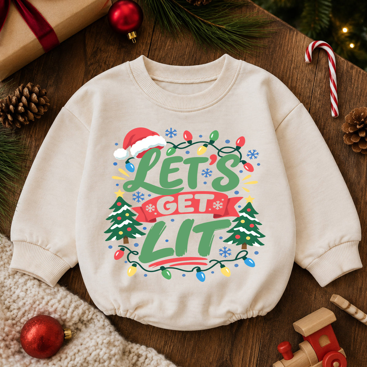 Let's Get Lit Christmas Baby Romper, Funny Christmas Lights Outfit, Toddler Holiday Romper, Cute 1st Christmas Gift — product view 6