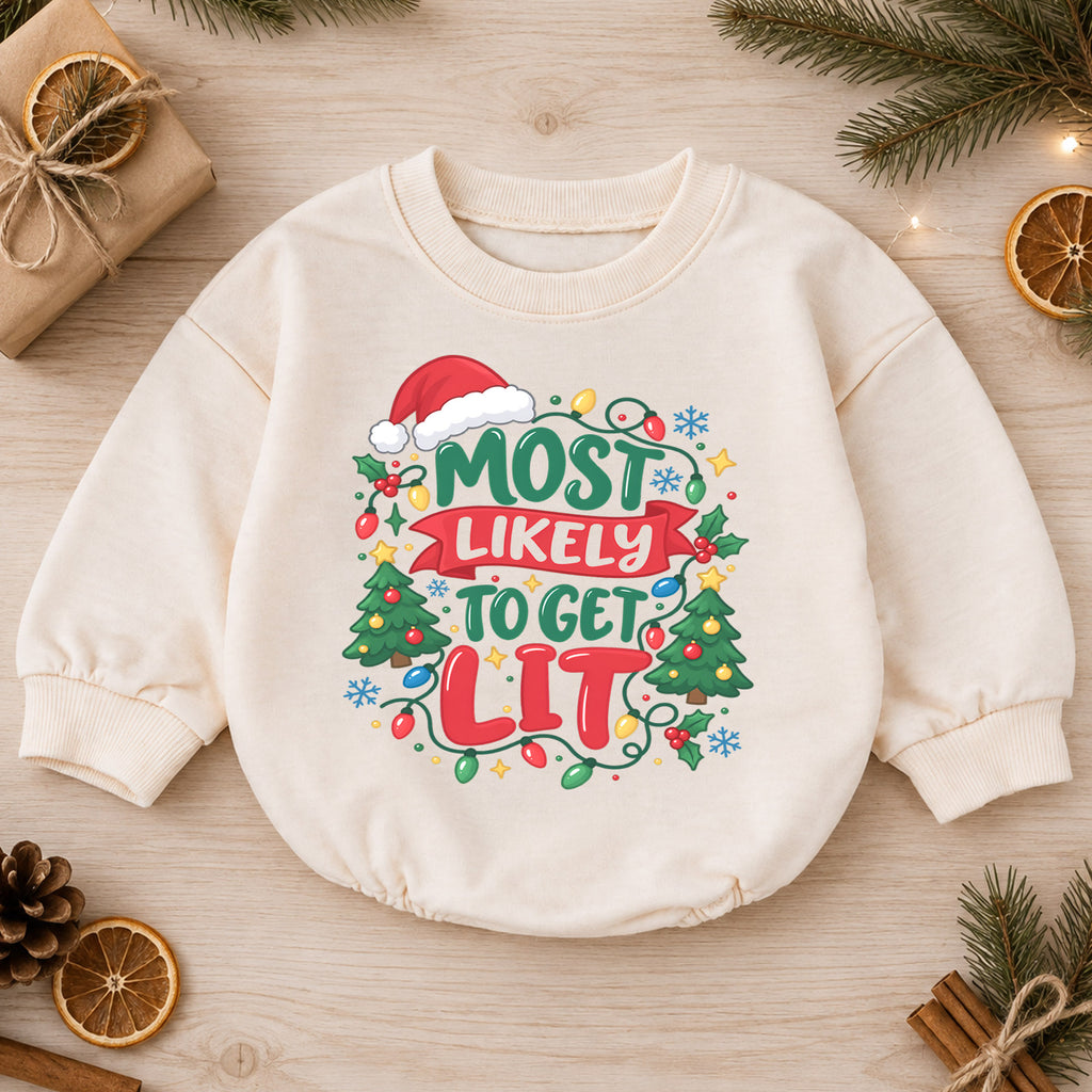 Most Likely to Get Lit Romper, Funny Baby Christmas Outfit, 1st Christmas Holiday Gift, Winter 1st Birthday Romper for Little Baby — product view 1