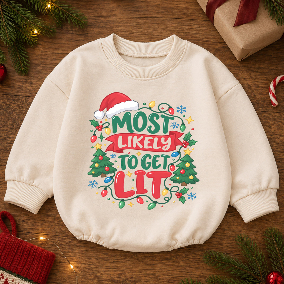 Most Likely to Get Lit Romper, Funny Baby Christmas Outfit, 1st Christmas Holiday Gift, Winter 1st Birthday Romper for Little Baby — product view 2