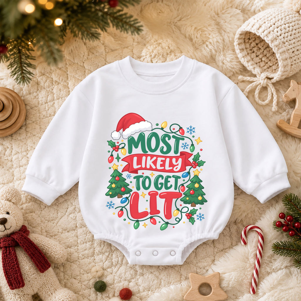 Most Likely to Get Lit Romper, Funny Baby Christmas Outfit, 1st Christmas Holiday Gift, Winter 1st Birthday Romper for Little Baby — product view 3