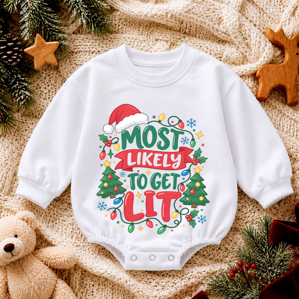 Most Likely to Get Lit Romper, Funny Baby Christmas Outfit, 1st Christmas Holiday Gift, Winter 1st Birthday Romper for Little Baby — product view 4