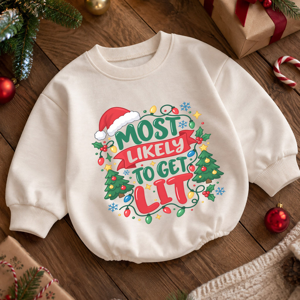 Most Likely to Get Lit Romper, Funny Baby Christmas Outfit, 1st Christmas Holiday Gift, Winter 1st Birthday Romper for Little Baby — product view 5