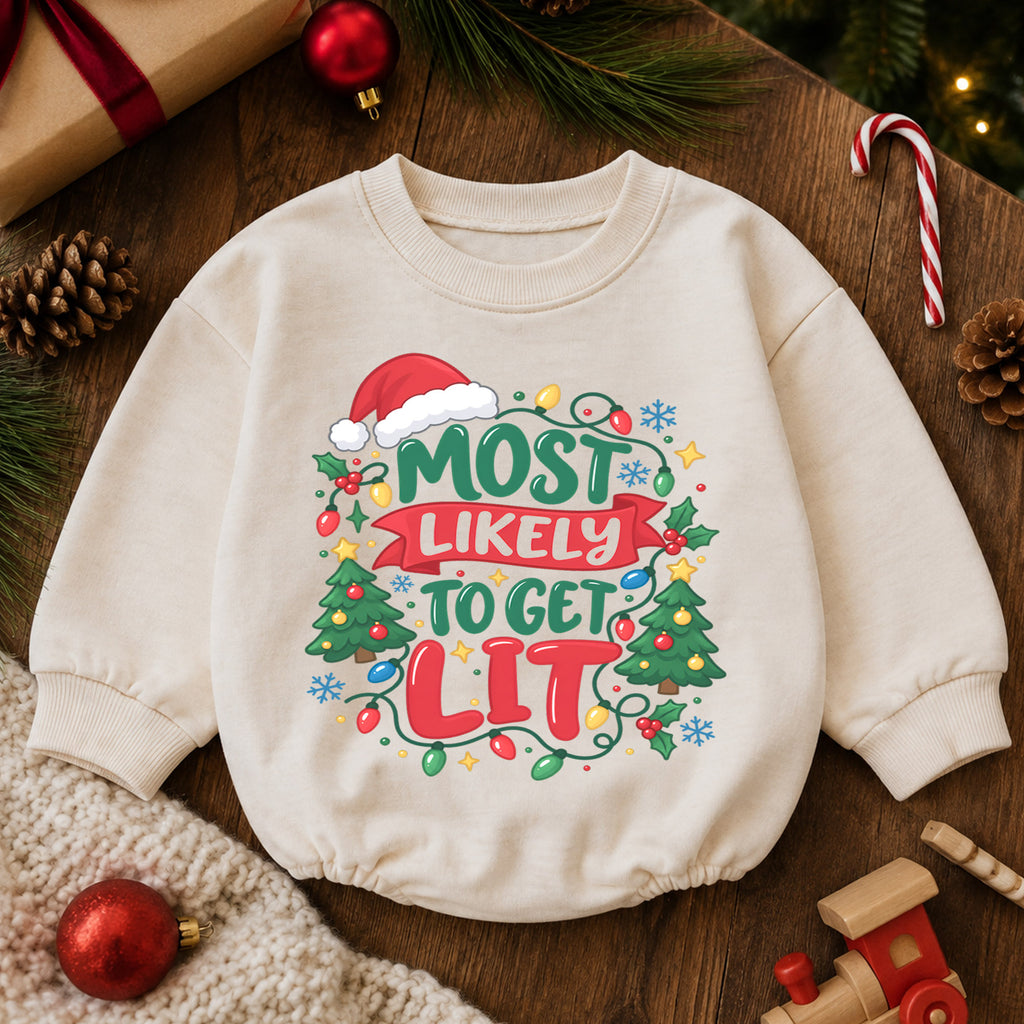 Most Likely to Get Lit Romper, Funny Baby Christmas Outfit, 1st Christmas Holiday Gift, Winter 1st Birthday Romper for Little Baby — product view 6