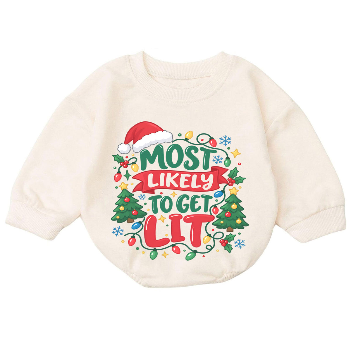Most Likely to Get Lit Romper, Funny Baby Christmas Outfit, 1st Christmas Holiday Gift, Winter 1st Birthday Romper for Little Baby — product view 7