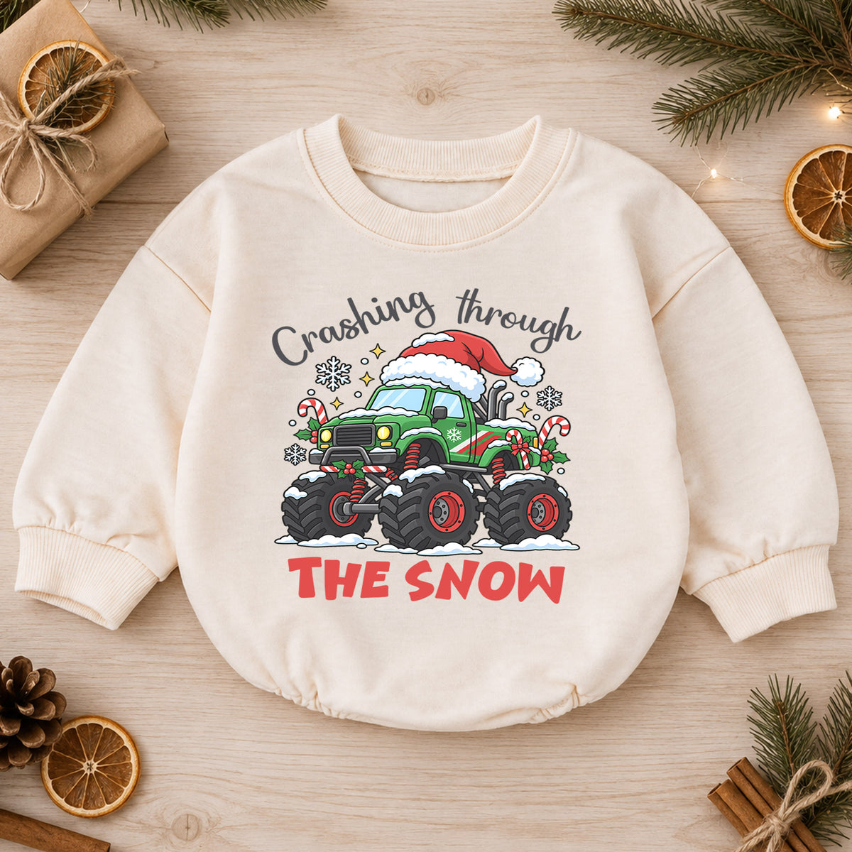 Crashing Through the Snow Romper, Monster Truck Christmas Baby Outfit, 1st Birthday Gift, Baby 1st Christmas Holiday Keepsake — product view 1