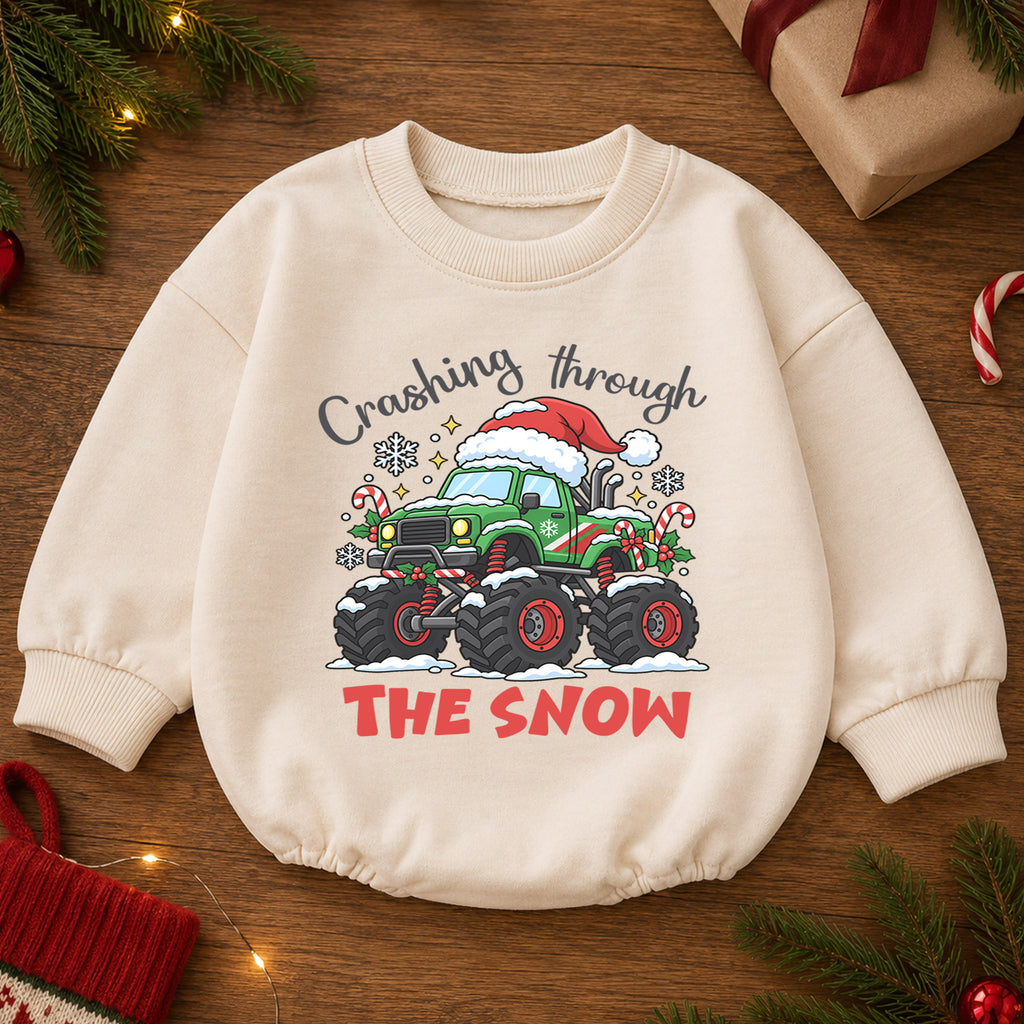 Crashing Through the Snow Romper, Monster Truck Christmas Baby Outfit, 1st Birthday Gift, Baby 1st Christmas Holiday Keepsake — product view 2