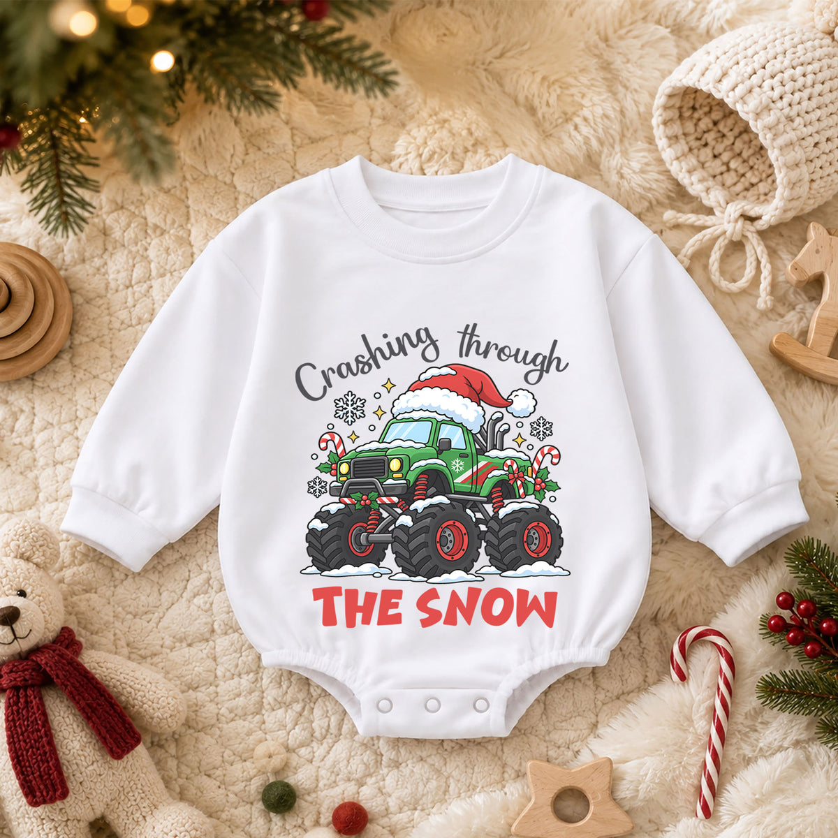 Crashing Through the Snow Romper, Monster Truck Christmas Baby Outfit, 1st Birthday Gift, Baby 1st Christmas Holiday Keepsake — product view 3
