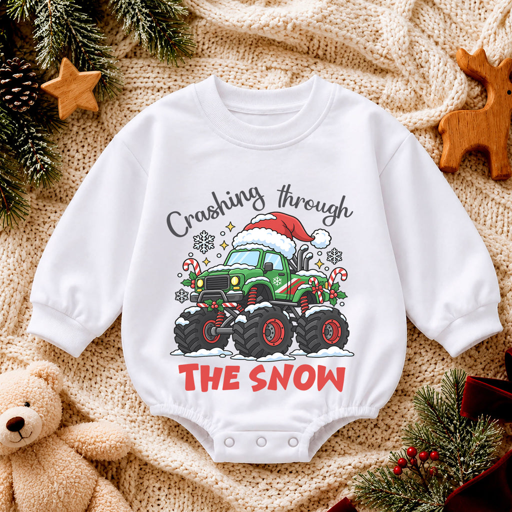 Crashing Through the Snow Romper, Monster Truck Christmas Baby Outfit, 1st Birthday Gift, Baby 1st Christmas Holiday Keepsake — product view 4