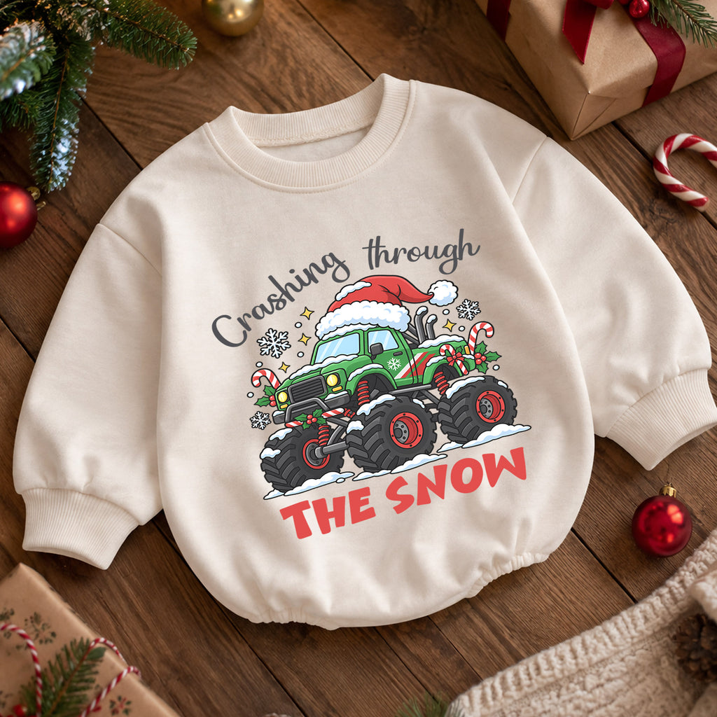 Crashing Through the Snow Romper, Monster Truck Christmas Baby Outfit, 1st Birthday Gift, Baby 1st Christmas Holiday Keepsake — product view 5