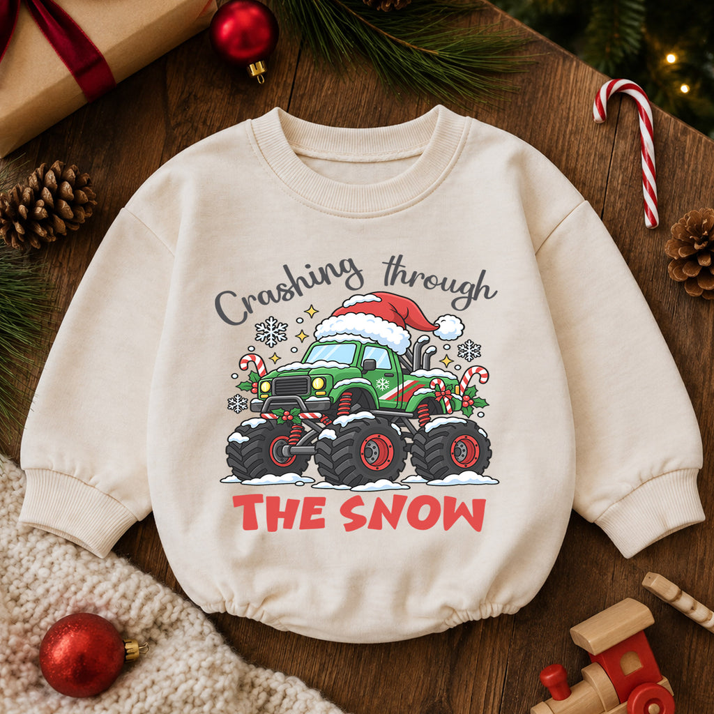 Crashing Through the Snow Romper, Monster Truck Christmas Baby Outfit, 1st Birthday Gift, Baby 1st Christmas Holiday Keepsake — product view 6