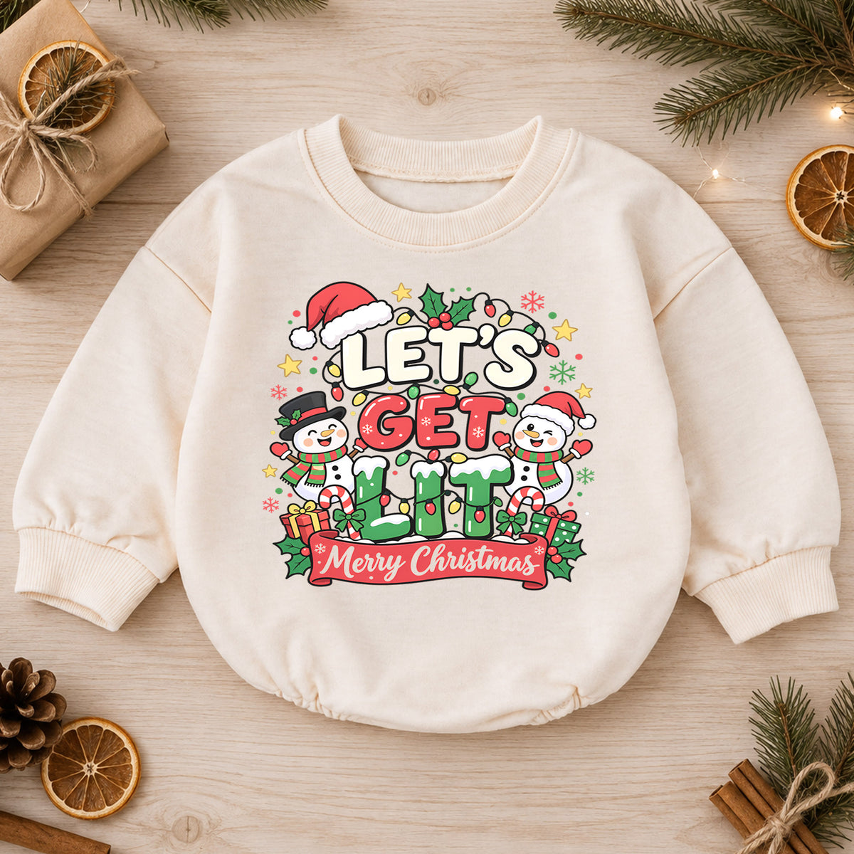 Let's Get Lit Snowman Romper, Merry Christmas Baby Outfit, 1st Christmas Keepsake, 1st Birthday Holiday Gift for Little Baby — product view 1