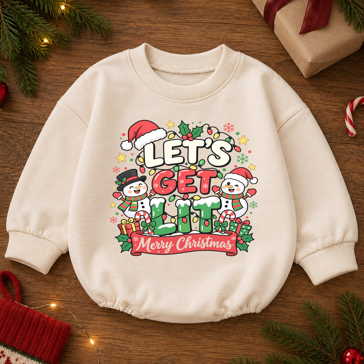 Let's Get Lit Snowman Romper, Merry Christmas Baby Outfit, 1st Christmas Keepsake, 1st Birthday Holiday Gift for Little Baby — product view 2