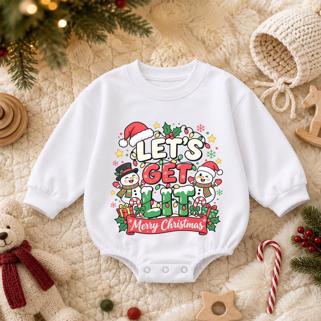 Let's Get Lit Snowman Romper, Merry Christmas Baby Outfit, 1st Christmas Keepsake, 1st Birthday Holiday Gift for Little Baby — product view 3